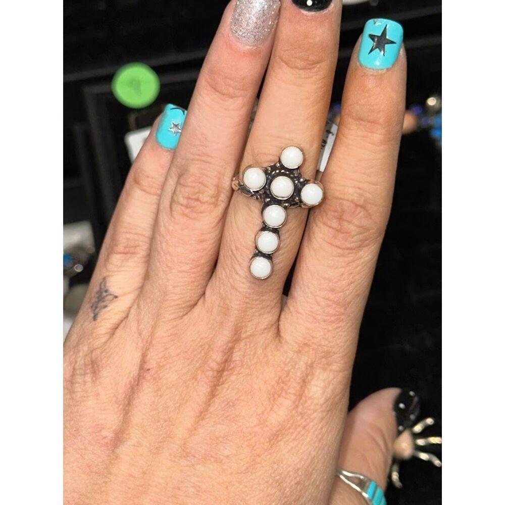 White Larimar Cross Sterling Silver Overlay Ring Size 9